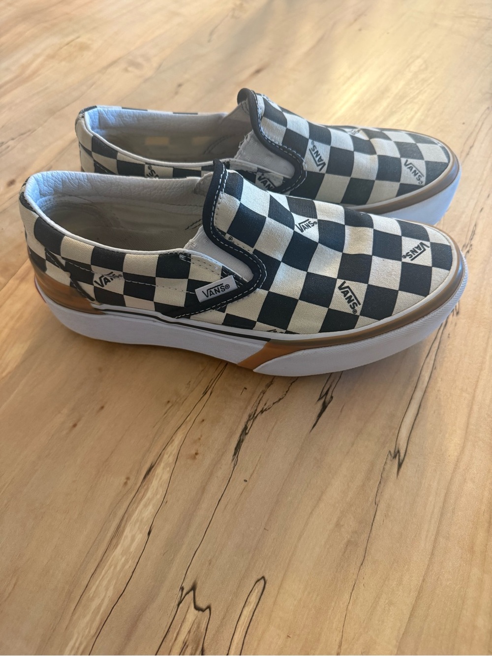 RARE Vans Women Slip-On Platform Checkerboard Sneakers - Black/White/Gum